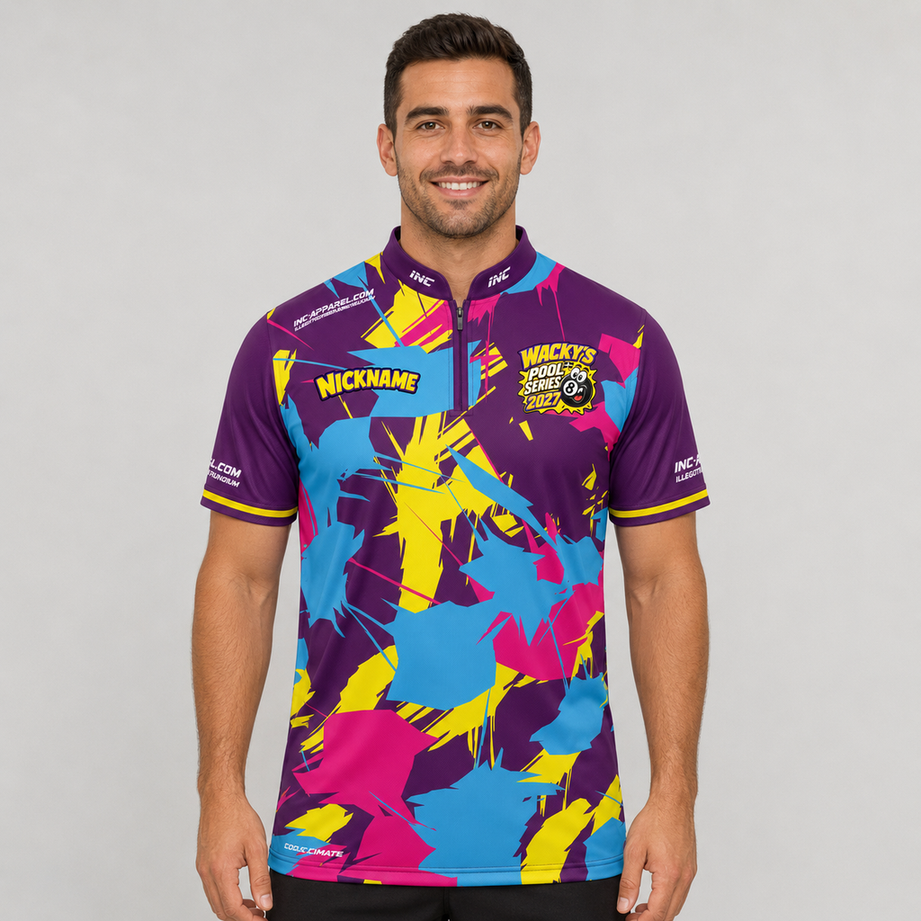 Front view of the Official Wackys Pool Series Men and Youth Pool Shirt, featuring official series branding, athletic silhouette, and structured collar.