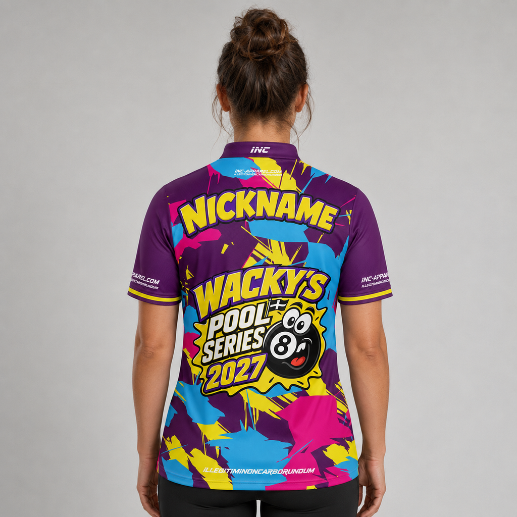 Back view of the Official Wackys Pool Series Women's Pool Shirt, showcasing the breathable contoured back paneling and flexible sleeve construction for smooth cueing motion.