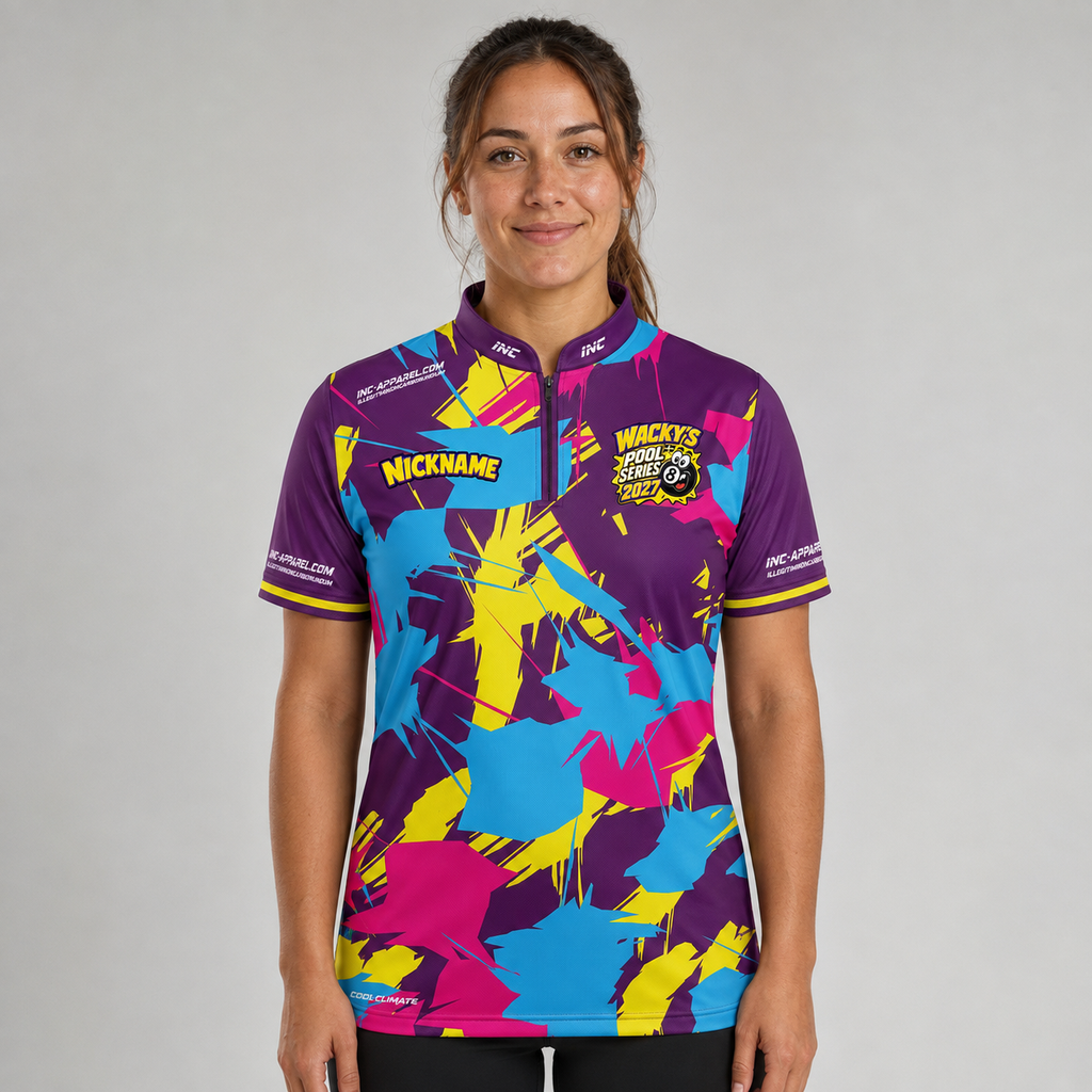 Front view of the Official Wackys Pool Series Women's Pool Shirt, featuring official series branding, tailored feminine silhouette, and sleek collar.