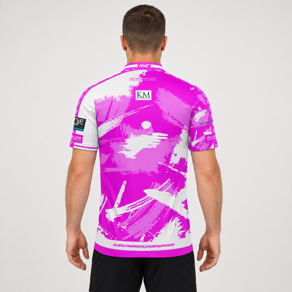 Back view of The Cue Club Men and Youth Pink Pony Club Pool Shirt, showcasing the breathable back paneling and clean athletic cut across the shoulders.