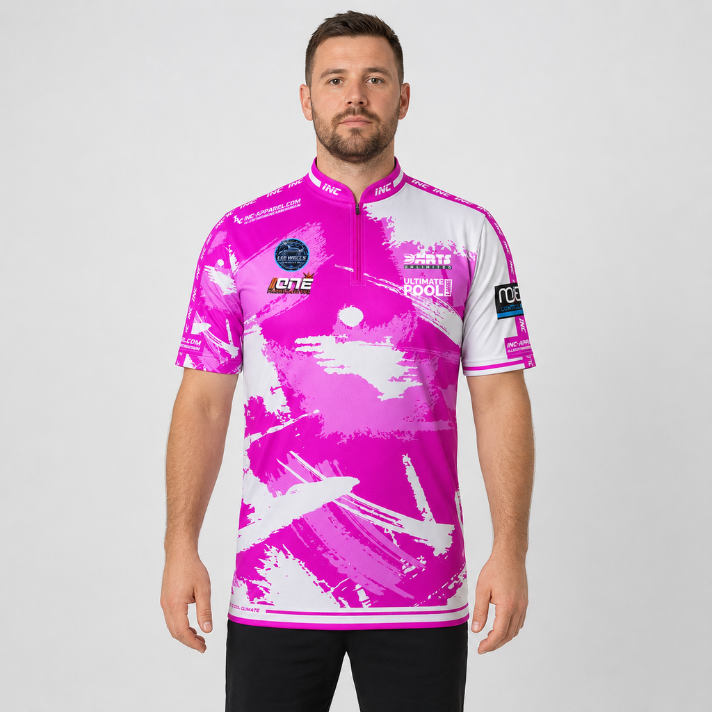 Front view of The Cue Club Men and Youth Pink Pony Club Pool Shirt, featuring the striking Pink Pony Club chest graphic, athletic collar, and tailored fit.
