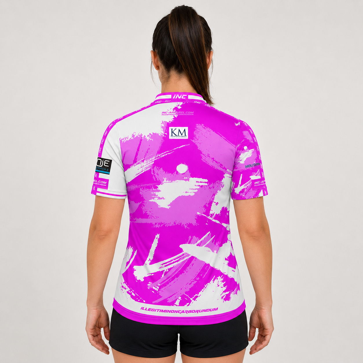 Back view of The Cue Club Women's Pink Pony Club Pool Shirt, showcasing the breathable contoured back paneling and streamlined shoulder cut.
