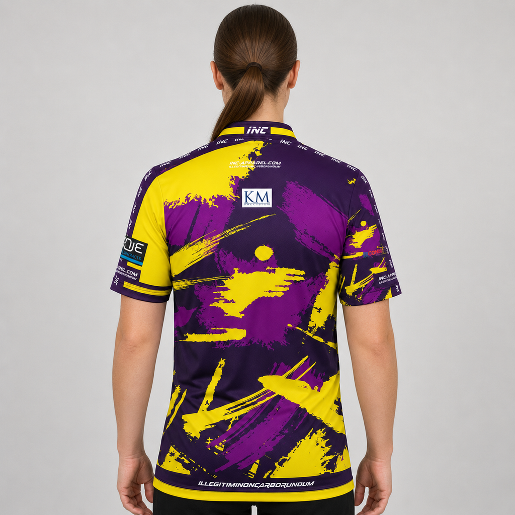 Back view of The Cue Club Women's Pool Shirt, highlighting the breathable contoured back paneling and streamlined shoulder cut.