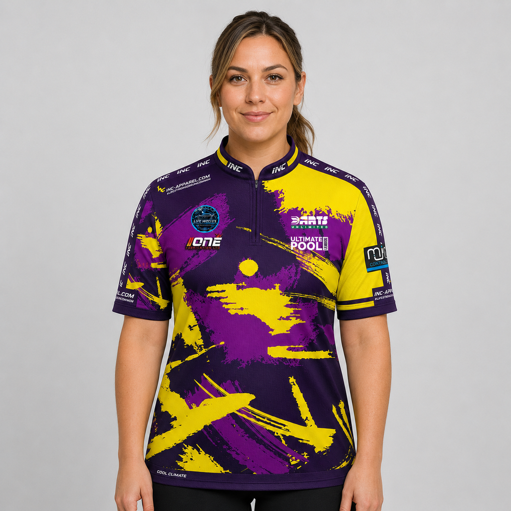 Front view of The Cue Club Women's Pool Shirt, displaying the signature club logo, tailored feminine silhouette, and modern performance collar.
