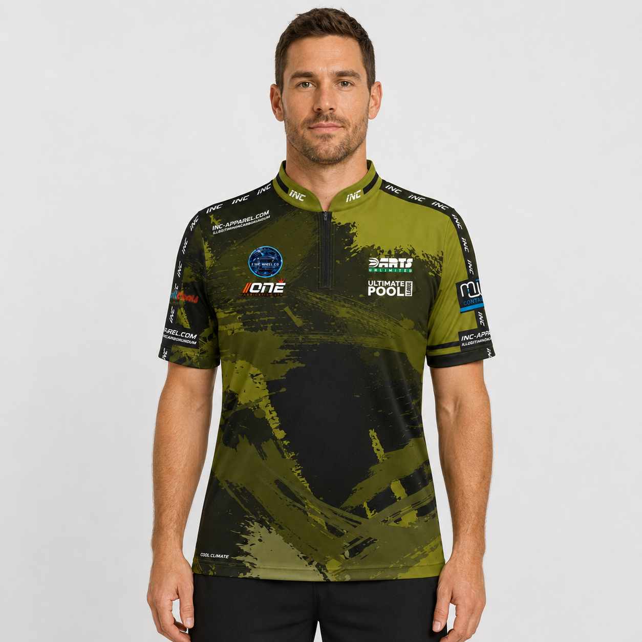 Front view of The Cue Club Men and Youth Rail Huggers Pool Shirt, featuring the distinctive Rail Huggers graphic, structured collar, and athletic fit.