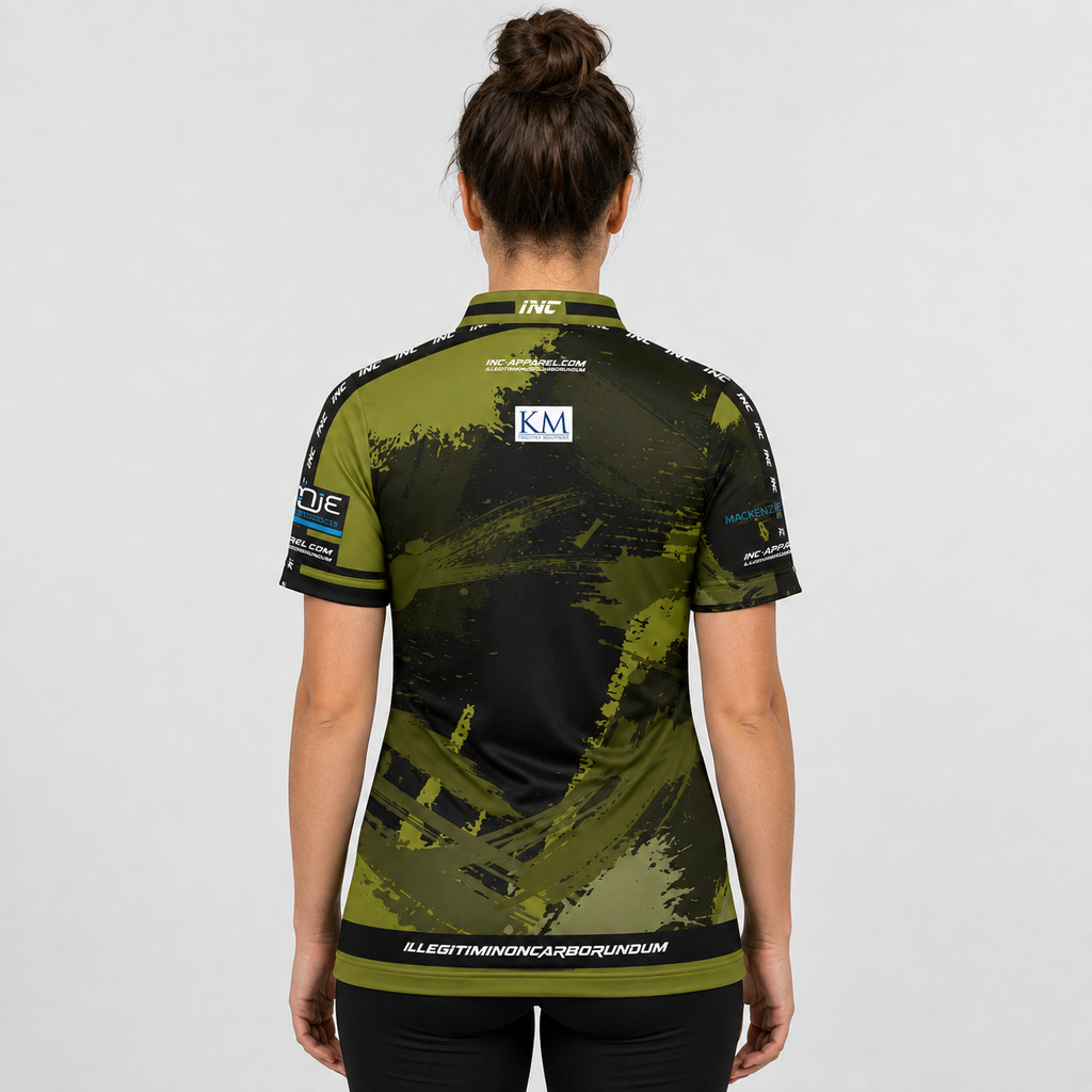 Back view of The Cue Club Women's Rail Huggers Pool Shirt, showcasing the breathable contoured back paneling and streamlined shoulder cut.
