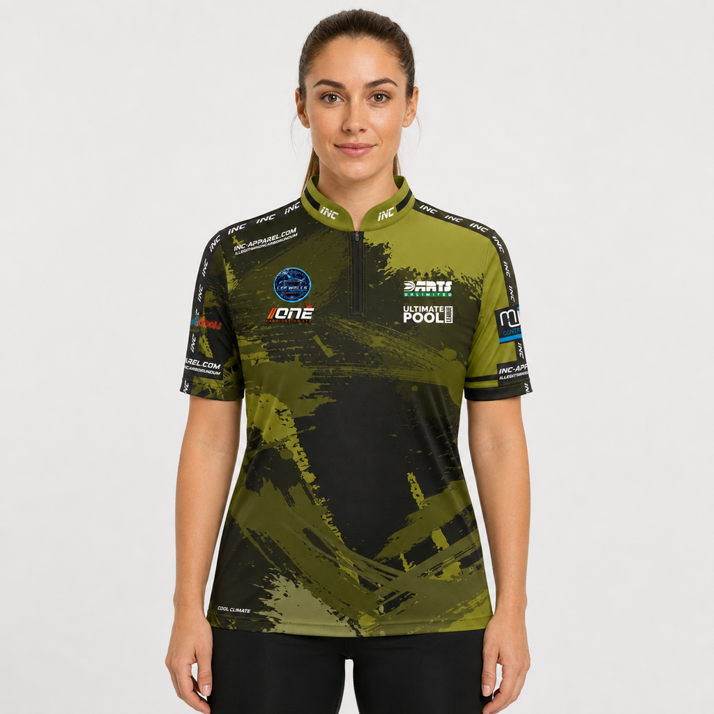 Front view of The Cue Club Women's Rail Huggers Pool Shirt, featuring the distinctive Rail Huggers chest graphic, tailored athletic silhouette, and modern collar design.