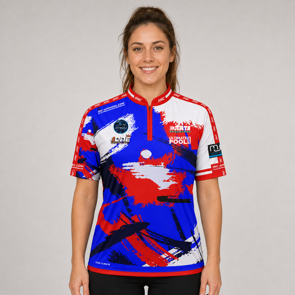 Front view of The Cue Club Women's Rugby Elite Pool Shirt, displaying the classic athletic rugby collar, tailored feminine silhouette, and sharp club branding.
