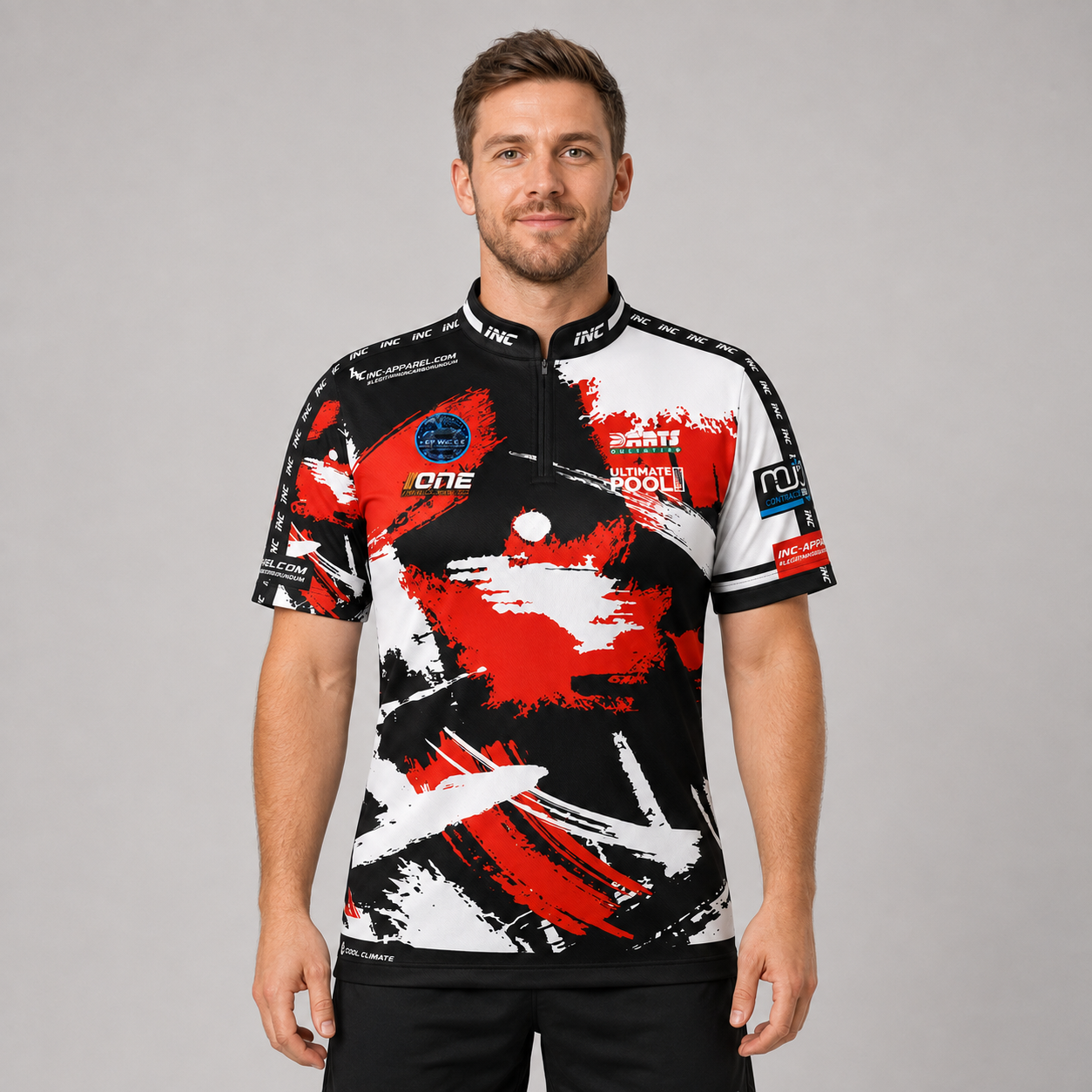 Front view of The Cue Club Men and Youth Rugby Rack N Roll Pool Shirt, featuring the classic athletic rugby collar, sharp graphic emblem, and tailored performance fit.