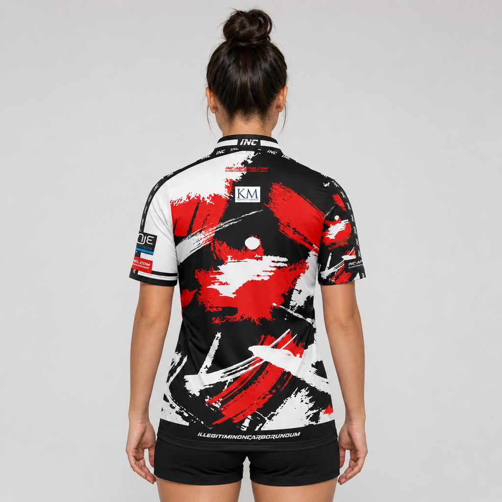 Back view of The Cue Club Women's Rugby Rack N Roll Pool Shirt, highlighting the breathable contoured back paneling and streamlined shoulder cut.