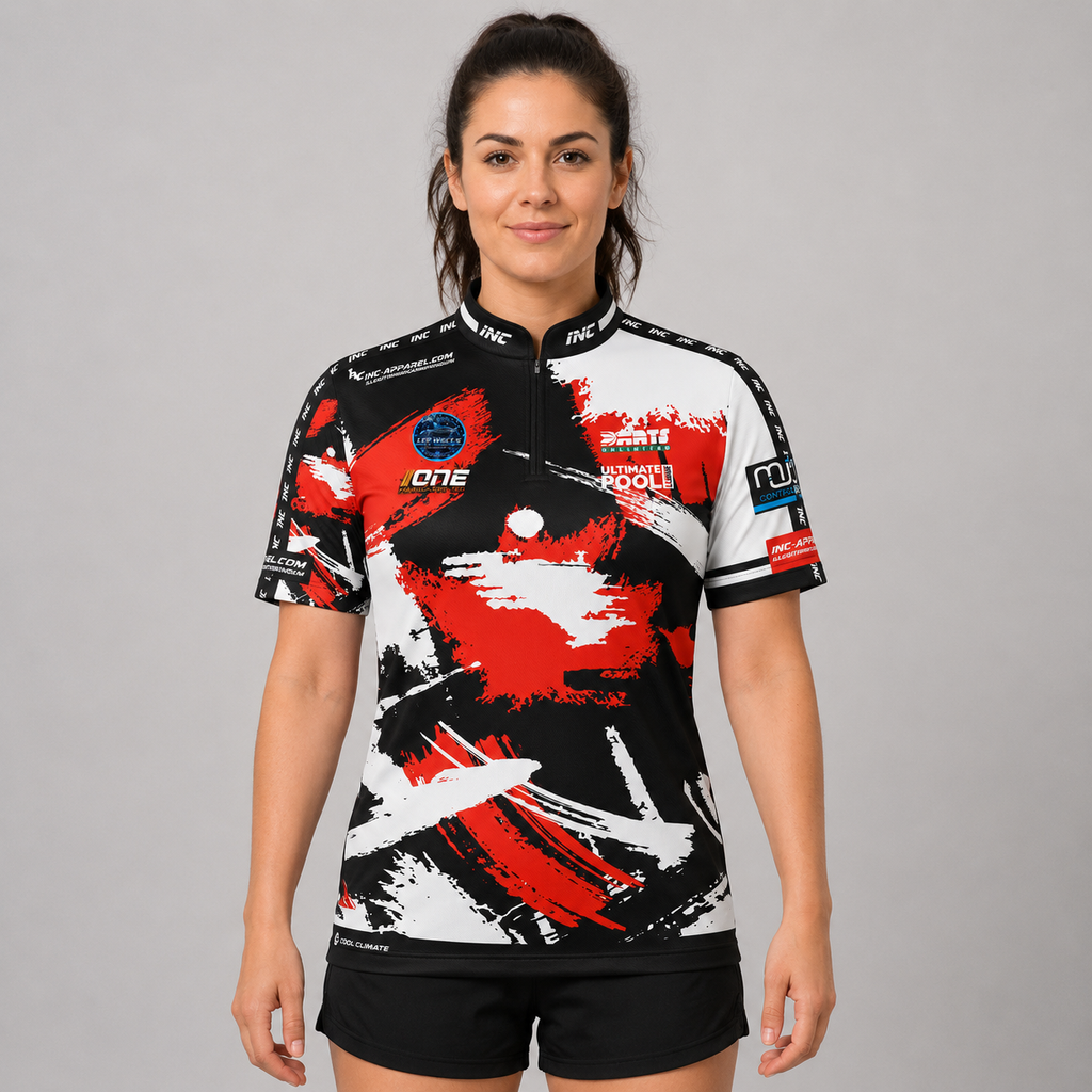Front view of The Cue Club Women's Rugby Rack N Roll Pool Shirt, showcasing the classic athletic rugby collar, tailored feminine fit, and sharp Rack N Roll graphic emblem.