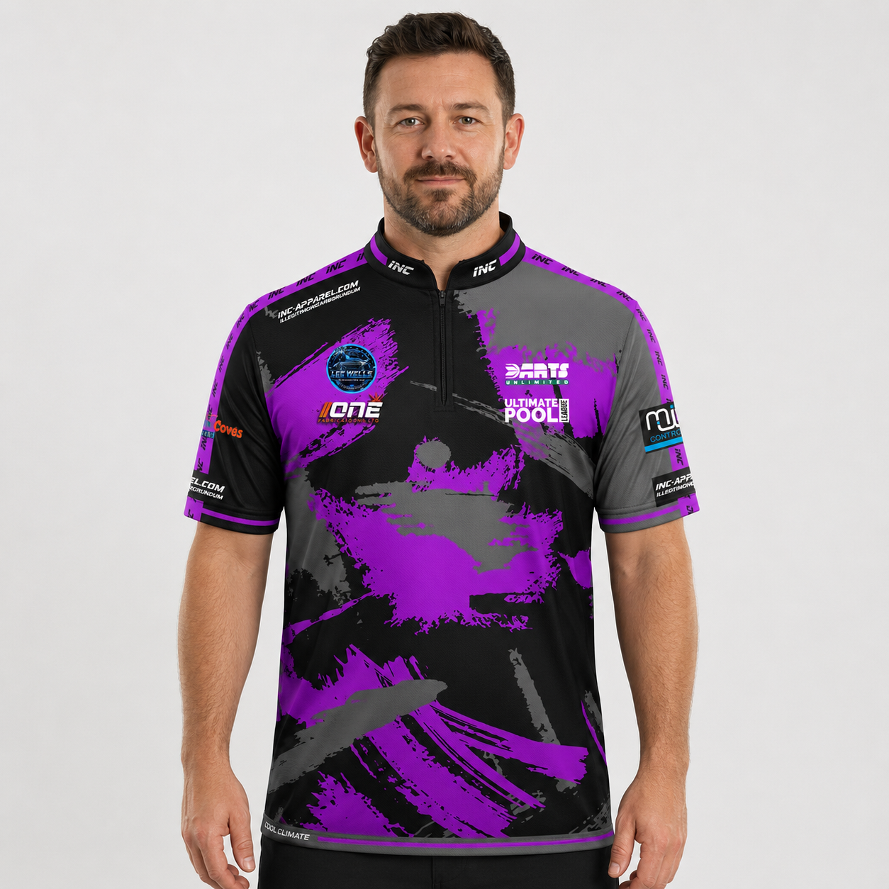 Front view of The Cue Club Men and Youth Shooting Impaired Pool Shirt, showcasing the witty graphic chest design, athletic collar, and structured performance fit.