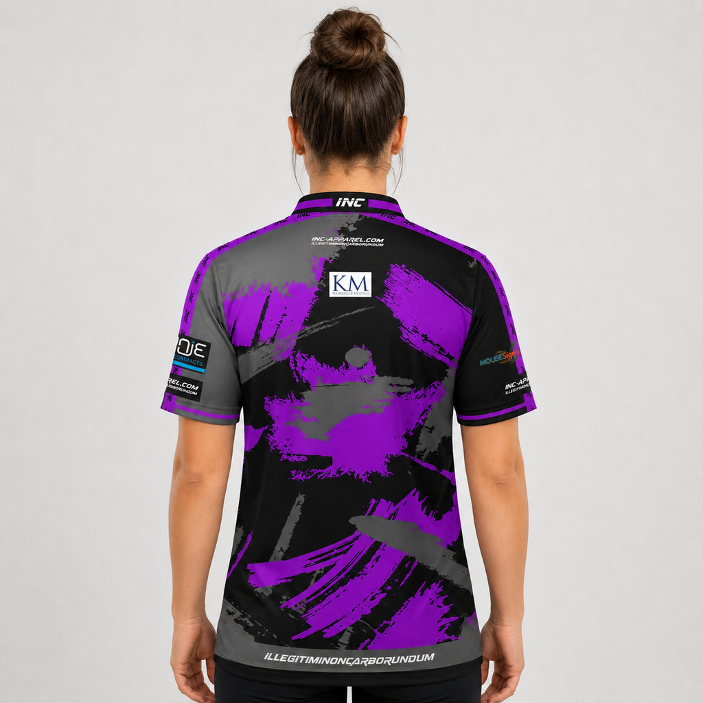 Back view of The Cue Club Women's Shooting Impaired Pool Shirt, highlighting the breathable contoured back paneling and streamlined shoulder cut.