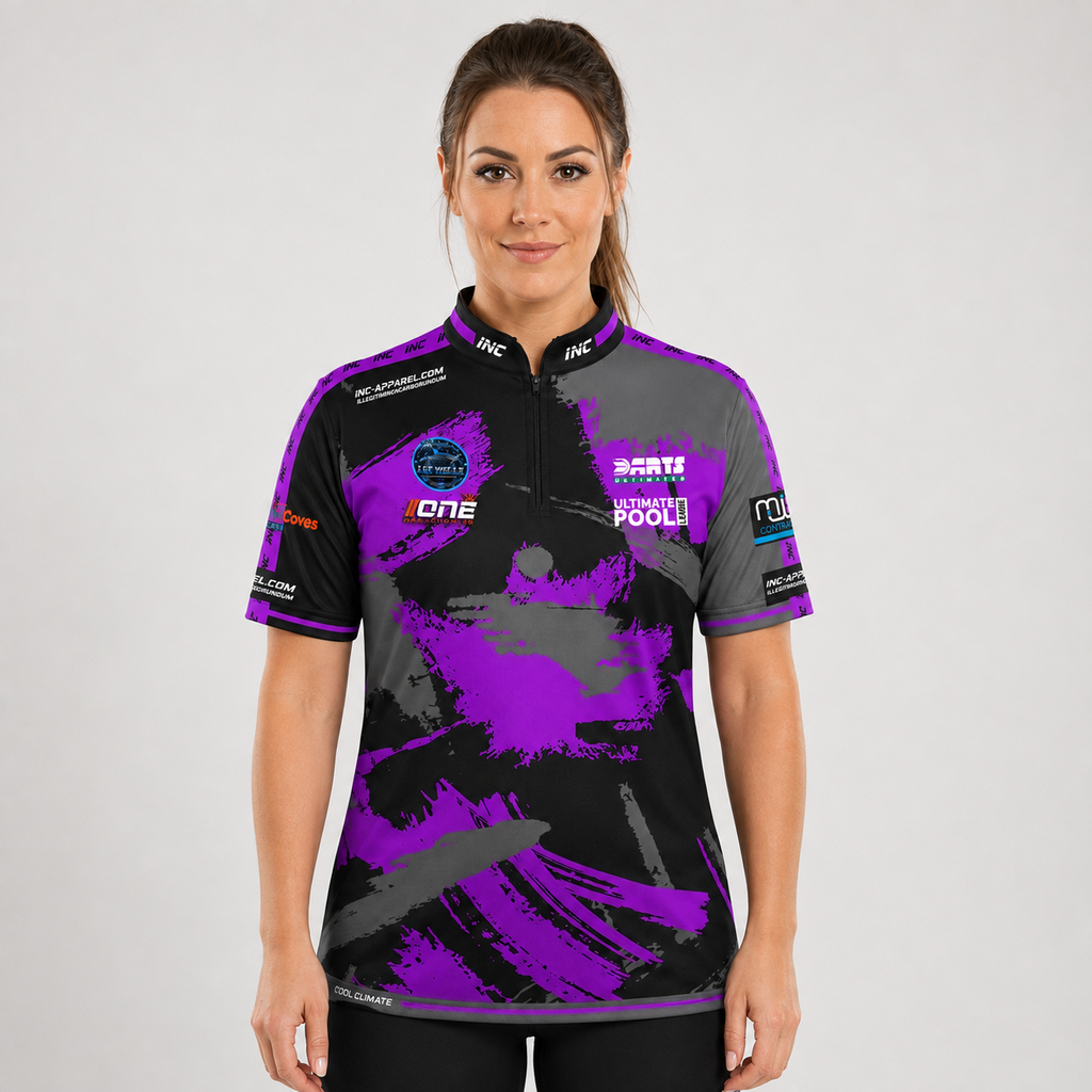Front view of The Cue Club Women's Shooting Impaired Pool Shirt, showcasing the witty graphic chest design, tailored athletic silhouette, and clean collar.