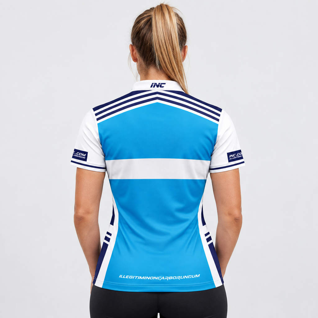 Back view of the Somniare Women's Blue and White Darts and Pool Shirt, highlighting the breathable contoured back paneling and flexible shoulder construction.