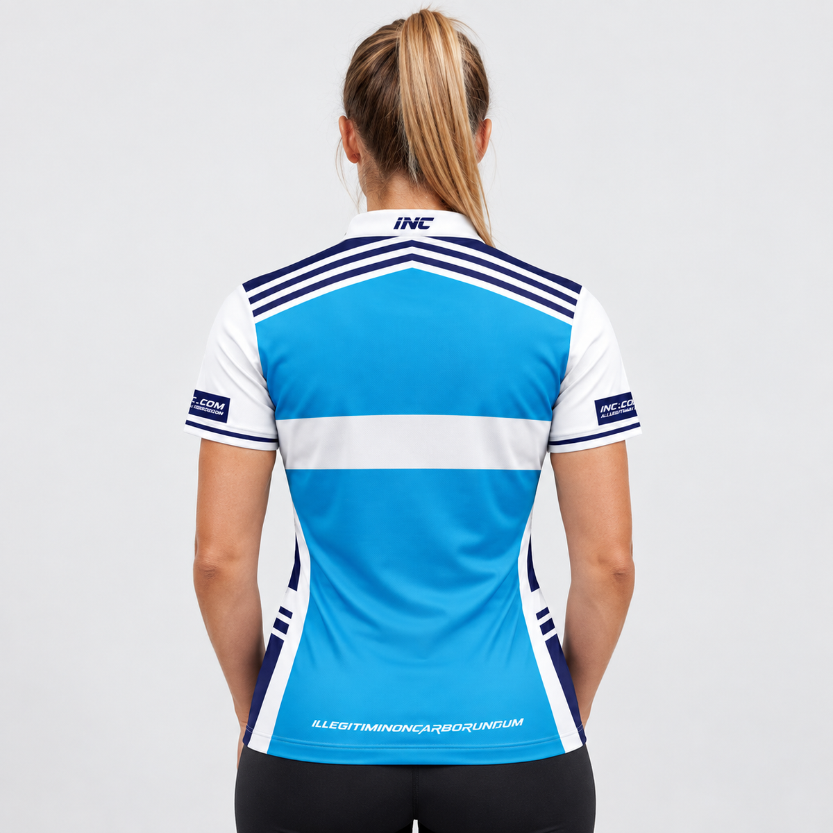 Back view of the Somniare Women's Blue and White Darts and Pool Shirt, highlighting the breathable contoured back paneling and flexible shoulder construction.