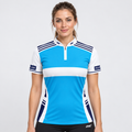 Front view of the Somniare Women's Blue and White Darts and Pool Shirt, showcasing the bold contrast panel design, tailored feminine silhouette, and sleek collar.