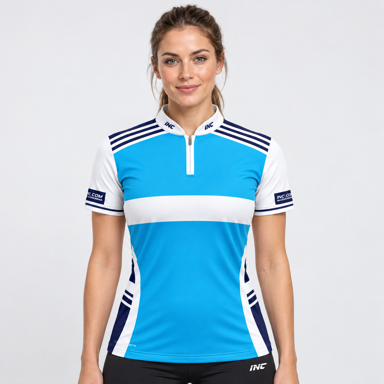 Front view of the Somniare Women's Blue and White Darts and Pool Shirt, showcasing the bold contrast panel design, tailored feminine silhouette, and sleek collar.