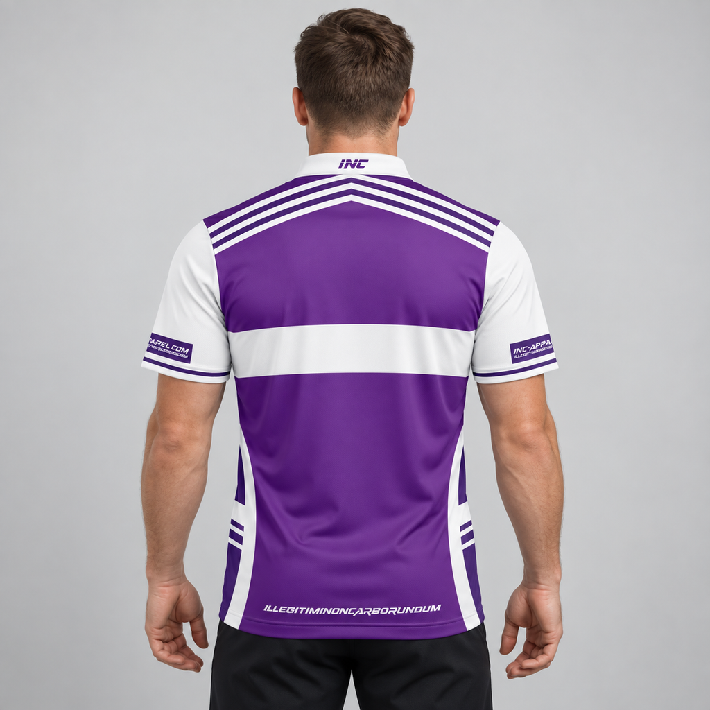 Back view of the Somniare Men and Youth Purple and White Darts and Pool Shirt, highlighting the breathable rear paneling and flexible shoulder construction for unrestricted movement.