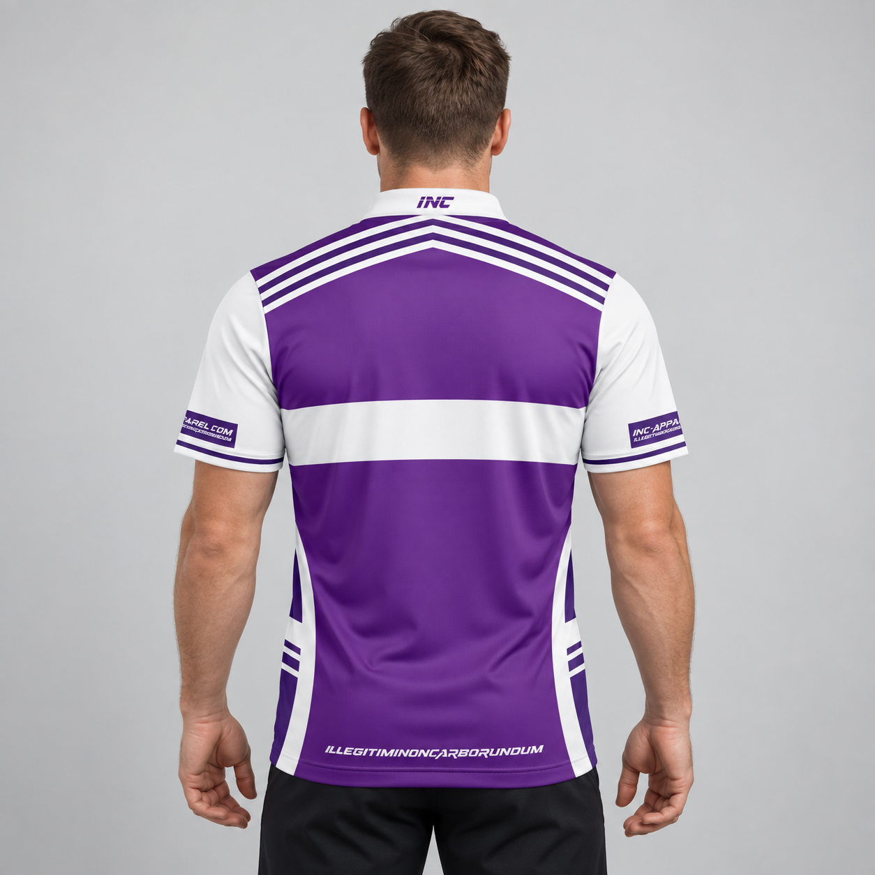 Back view of the Somniare Men and Youth Purple and White Darts and Pool Shirt, highlighting the breathable rear paneling and flexible shoulder construction for unrestricted movement.
