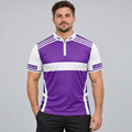 Front view of the Somniare Men and Youth Purple and White Darts and Pool Shirt, showcasing the bold contrast panel design, athletic silhouette, and structured collar.