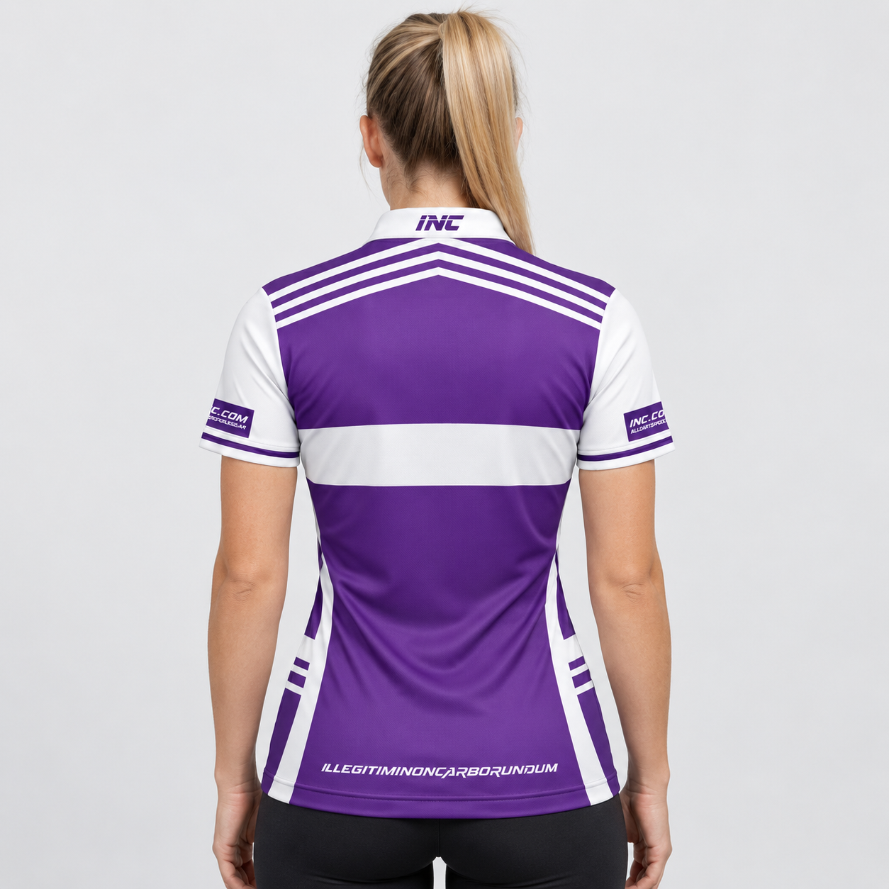 Back view of the Somniare Women's Purple and White Darts and Pool Shirt, highlighting the breathable contoured back paneling and flexible shoulder construction.