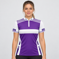 Front view of the Somniare Women's Purple and White Darts and Pool Shirt, showcasing the bold contrast panel design, tailored feminine silhouette, and sleek collar.