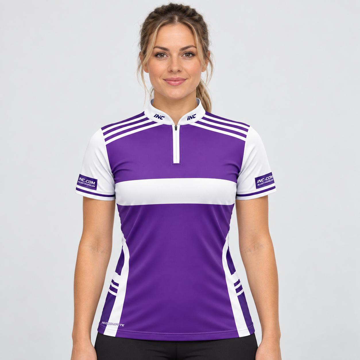 Front view of the Somniare Women's Purple and White Darts and Pool Shirt, showcasing the bold contrast panel design, tailored feminine silhouette, and sleek collar.