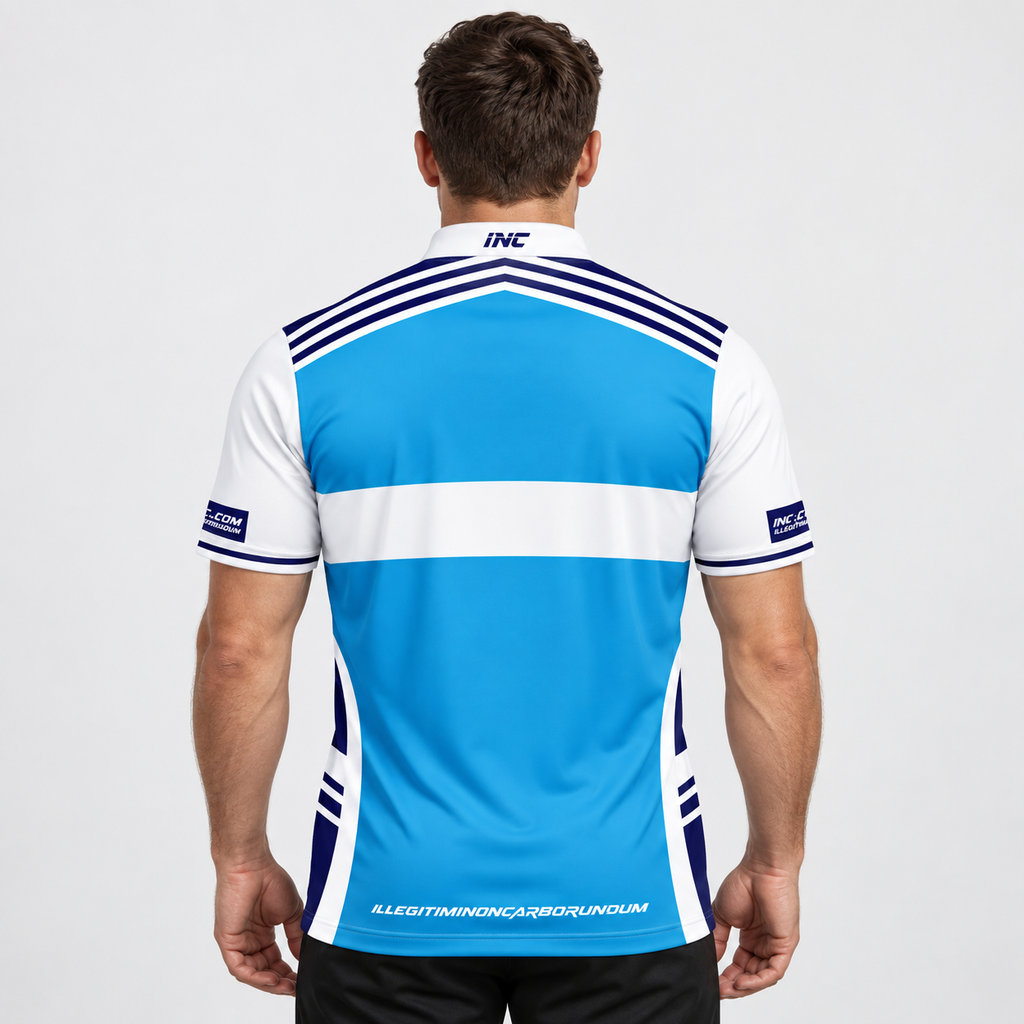 Back view of the Somniare Men and Youth White, Blue, and White Darts and Pool Shirt, highlighting the breathable rear paneling and flexible shoulder construction for unrestricted movement.
