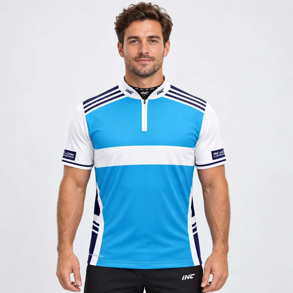 Front view of the Somniare Men and Youth White, Blue, and White Darts and Pool Shirt, showcasing the crisp contrast panel design, athletic silhouette, and structured collar.