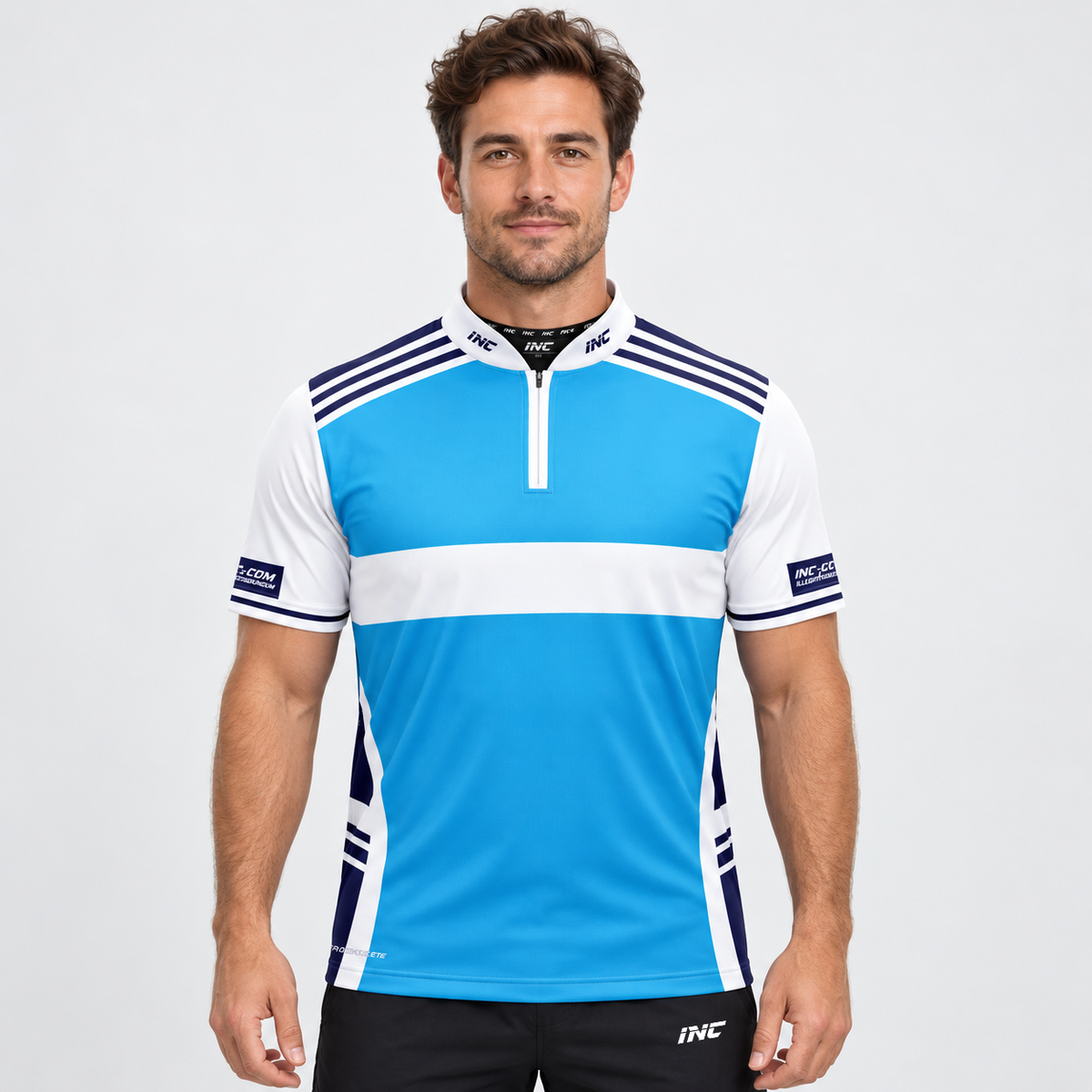 Front view of the Somniare Men and Youth White, Blue, and White Darts and Pool Shirt, showcasing the crisp contrast panel design, athletic silhouette, and structured collar.