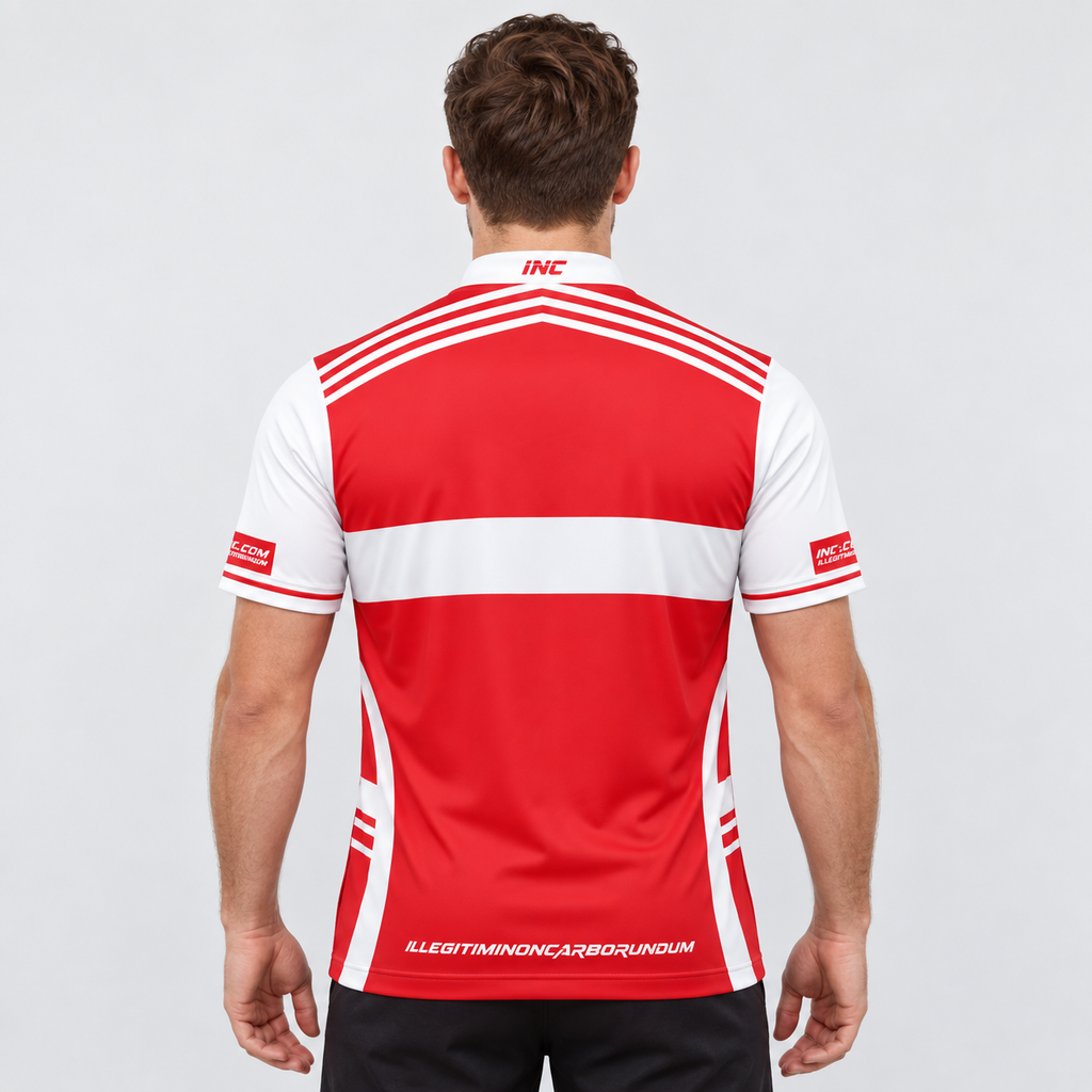 Back view of the Somniare Men and Youth White, Red, and White Darts and Pool Shirt, highlighting the breathable rear paneling and flexible shoulder construction for unrestricted movement.