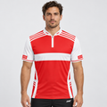 Front view of the Somniare Men and Youth White, Red, and White Darts and Pool Shirt, showcasing the crisp contrast panel design, athletic silhouette, and structured collar.