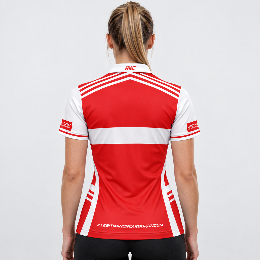 Back view of the Somniare Women's White, Red, and White Darts and Pool Shirt, highlighting the breathable contoured back paneling and flexible shoulder construction.