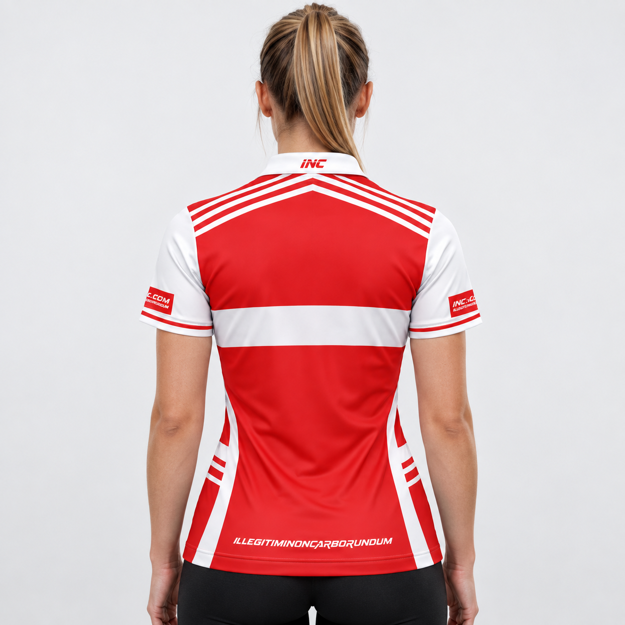 Back view of the Somniare Women's White, Red, and White Darts and Pool Shirt, highlighting the breathable contoured back paneling and flexible shoulder construction.