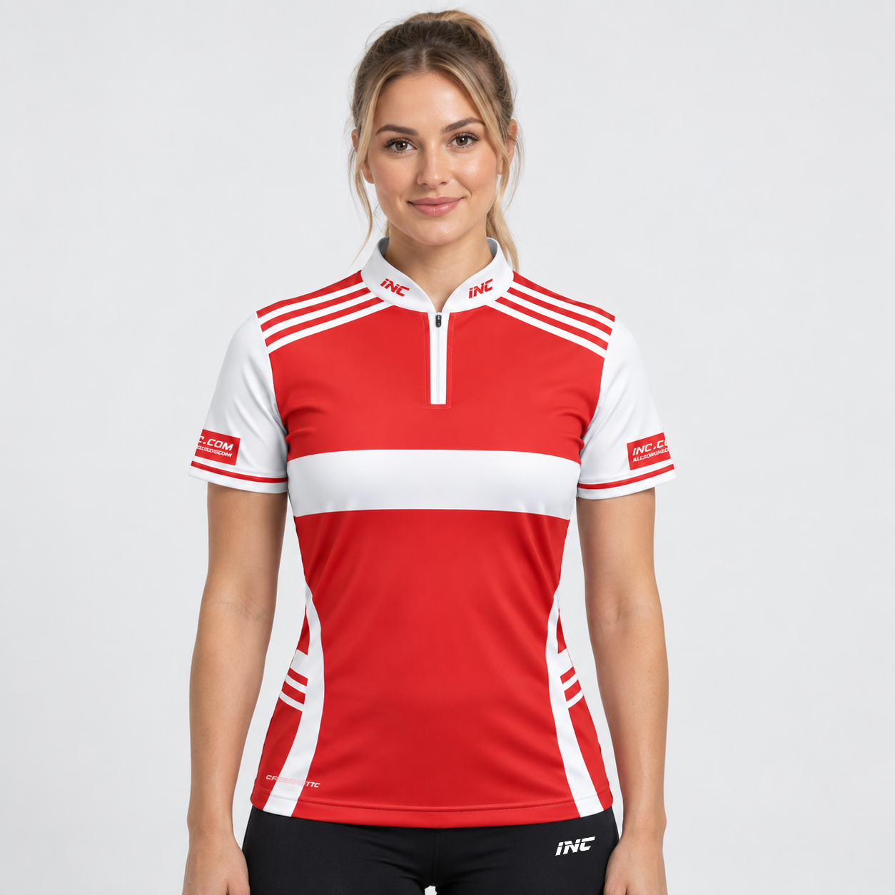 Front view of the Somniare Women's White, Red, and White Darts and Pool Shirt, showcasing the crisp contrast panel design, tailored feminine silhouette, and sleek collar.