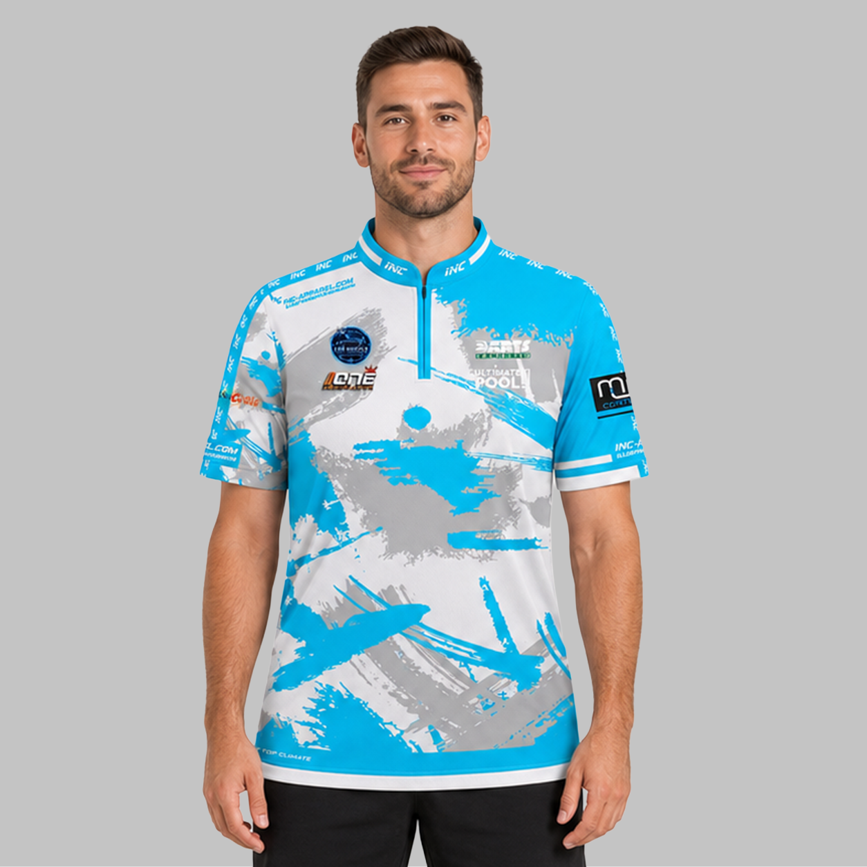 Front view of The Cue Club Men and Youth The 5 Stars Pool Shirt, featuring the distinctive 5-star chest graphic, dynamic athletic fit, and structured collar.