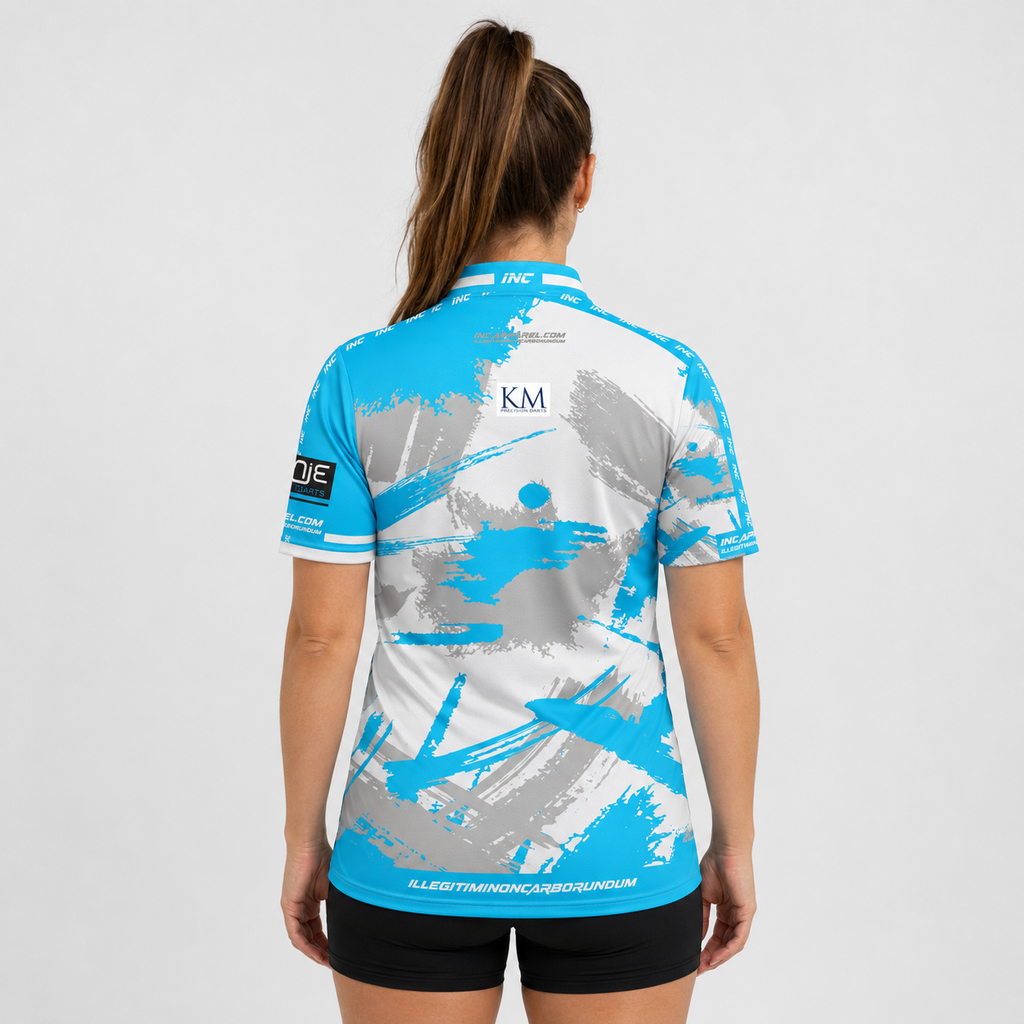 Back view of The Cue Club Women's The 5 Stars Pool Shirt, showcasing the breathable contoured back paneling and streamlined shoulder cut.