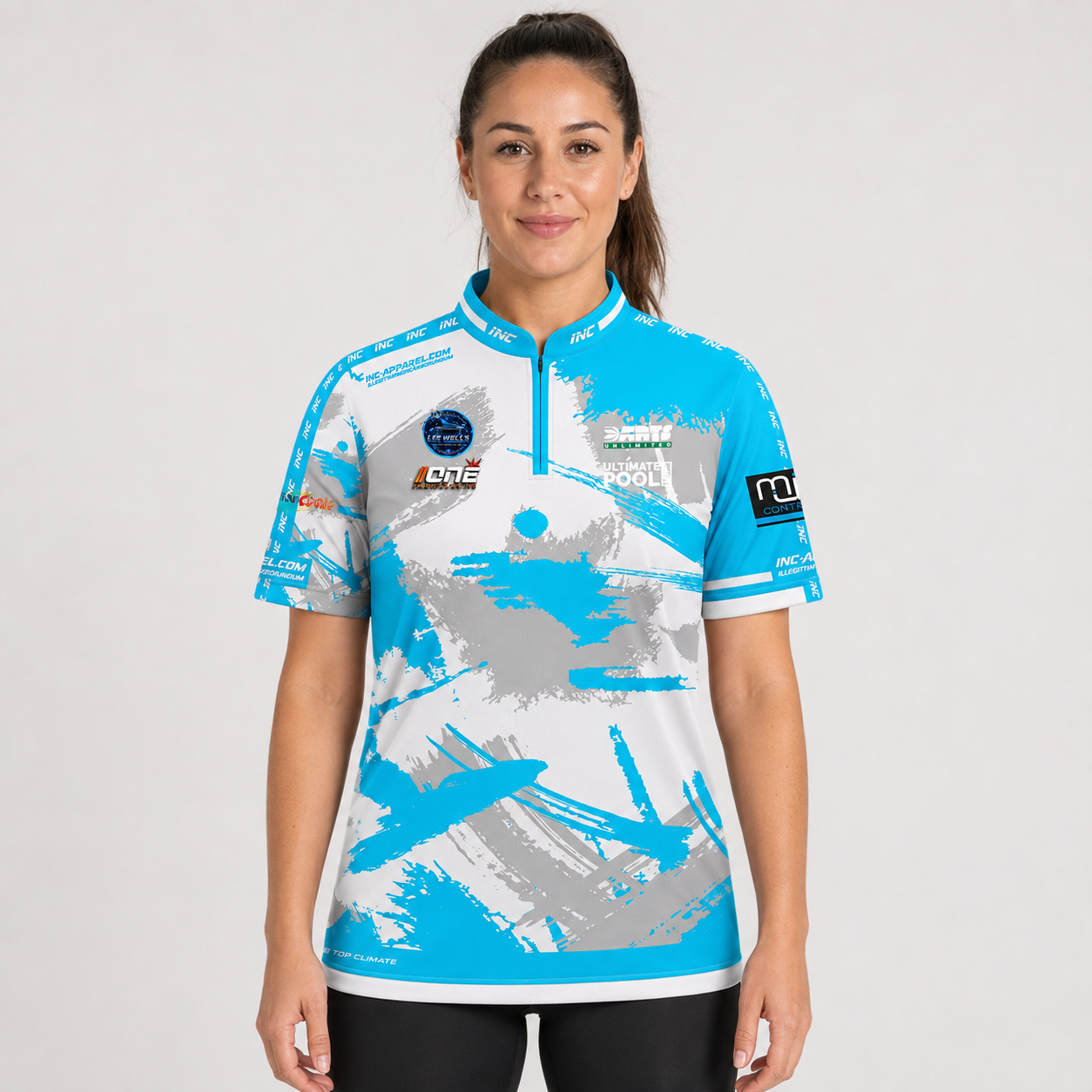 Front view of The Cue Club Women's The 5 Stars Pool Shirt, featuring the distinctive 5-star graphic emblem, tailored athletic silhouette, and modern collar.