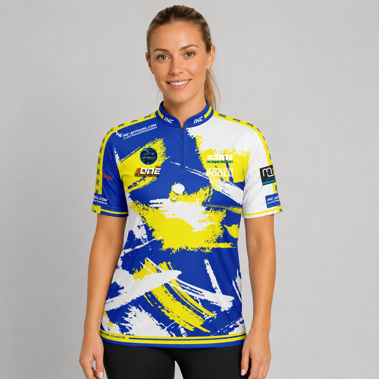 Front view of The Cue Club Women's The Nags Head Pool Shirt, showcasing the custom team emblem, tailored feminine silhouette, and sleek collar.