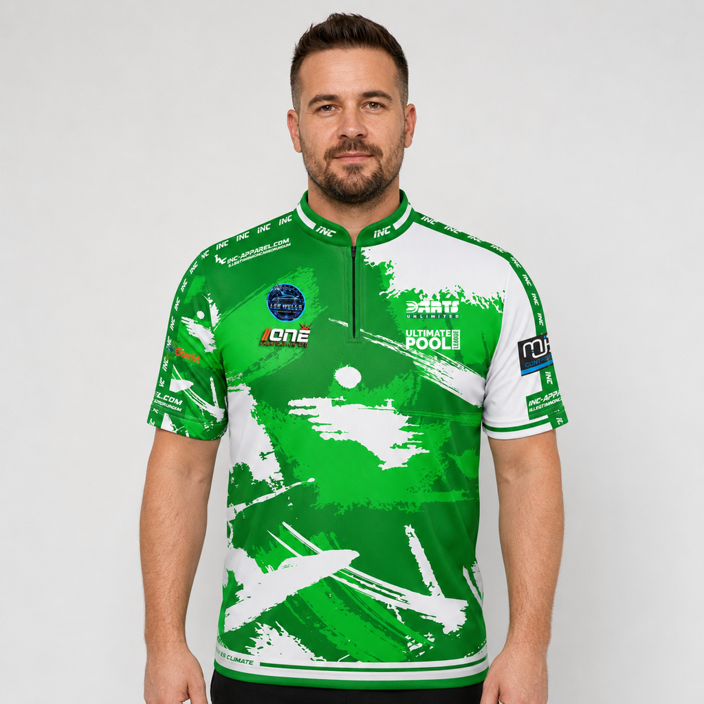 Front view of The Cue Club Men and Youth The Rack Pack Pool Shirt, showcasing the distinctive team emblem, athletic silhouette, and structured collar.