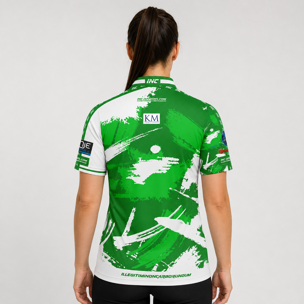 Back view of The Cue Club Women's The Rack Pack Pool Shirt, highlighting the breathable contoured back paneling and streamlined shoulder cut.