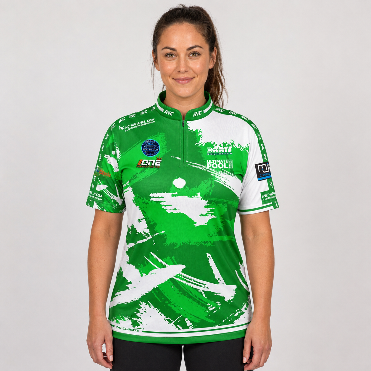 Front view of The Cue Club Women's The Rack Pack Pool Shirt, showcasing the distinctive team emblem, tailored feminine silhouette, and sleek collar.