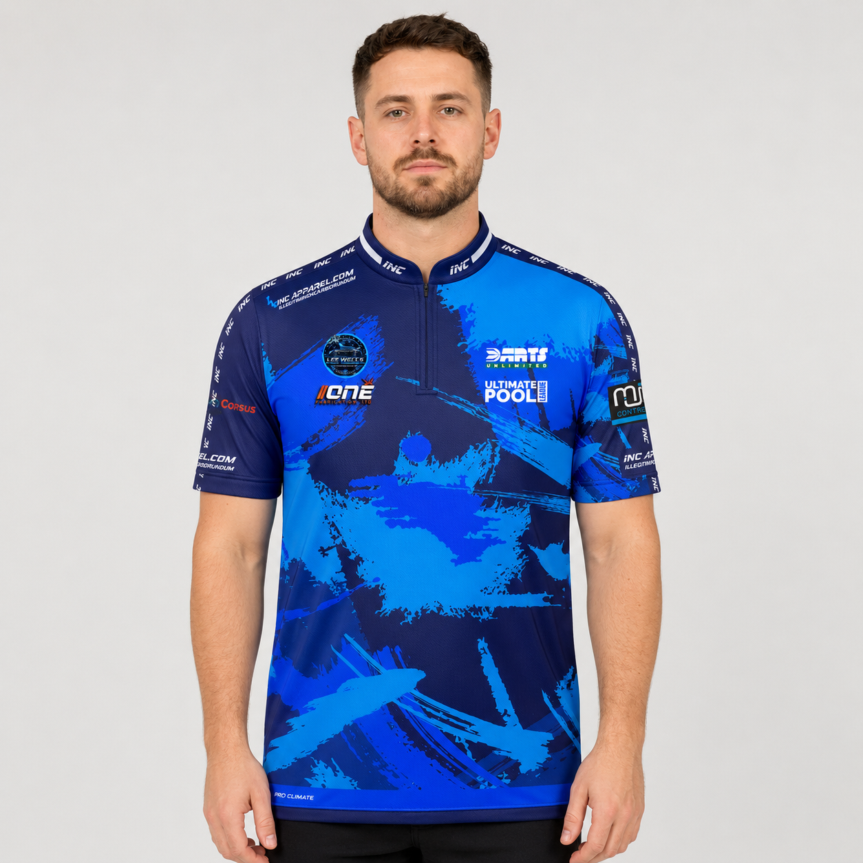 Front view of The Cue Club Men and Youth The Railway Arms Pool Shirt, showcasing the custom team emblem, dynamic athletic silhouette, and structured collar.