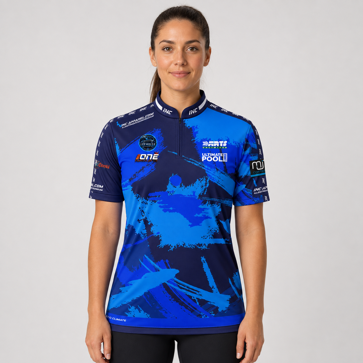 Front view of The Cue Club Women's The Railway Arms Pool Shirt, showcasing the custom team emblem, tailored feminine silhouette, and sleek collar.
