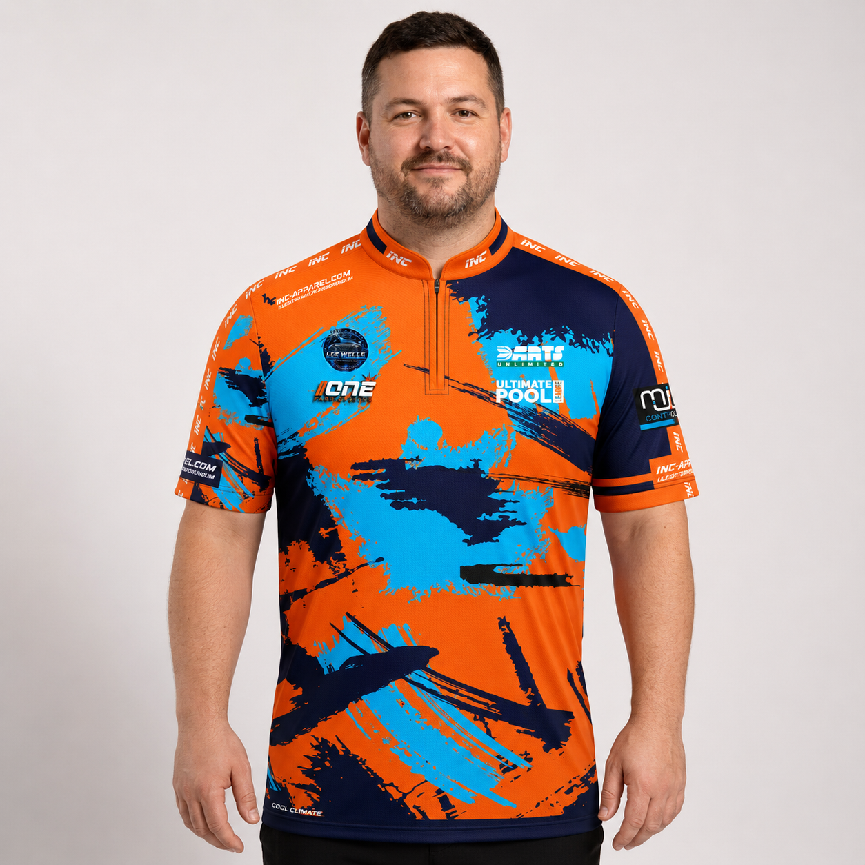Front view of The Cue Club Men and Youth The Romarios Pool Shirt, showcasing the custom team logo, dynamic athletic silhouette, and structured collar.