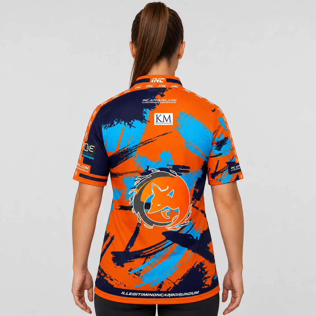 Back view of The Cue Club Women's The Romarios Pool Shirt, highlighting the breathable contoured back paneling and streamlined shoulder cut.