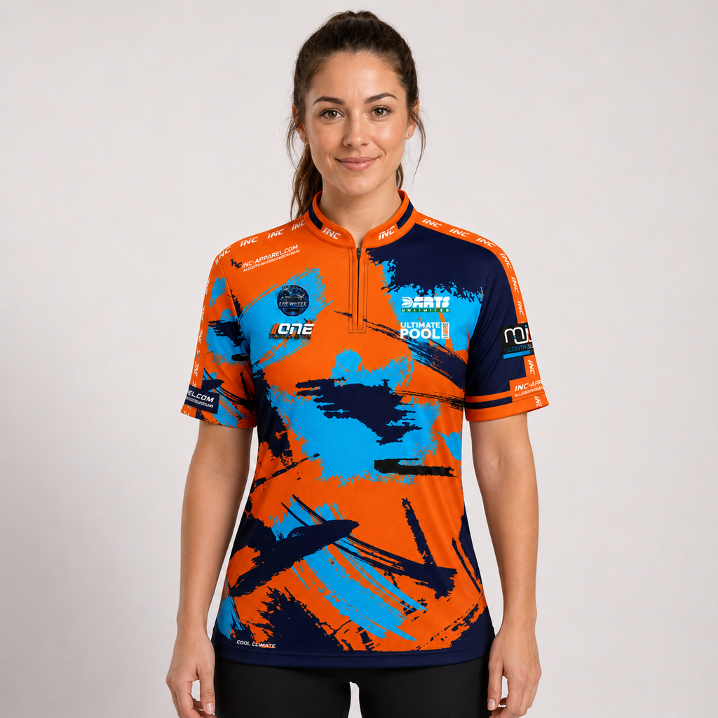 Front view of The Cue Club Women's The Romarios Pool Shirt, showcasing the custom team logo, tailored feminine silhouette, and sleek collar.