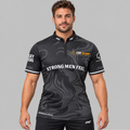 Front view of the Official Cue Sharp Coaching Men's and Youth Pool Shirt, featuring dark charcoal and gold accents, official Cue Sharp chest logo, zip collar, and Controlled Climate hem detail.