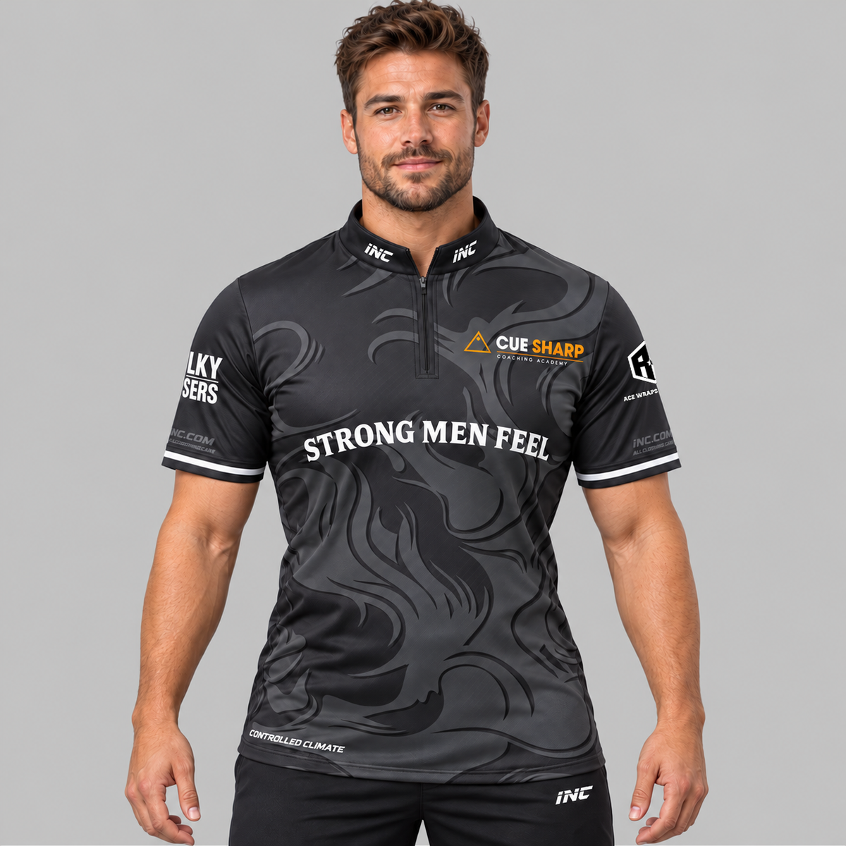 Front view of the Official Cue Sharp Coaching Men's and Youth Pool Shirt, featuring dark charcoal and gold accents, official Cue Sharp chest logo, zip collar, and Controlled Climate hem detail.